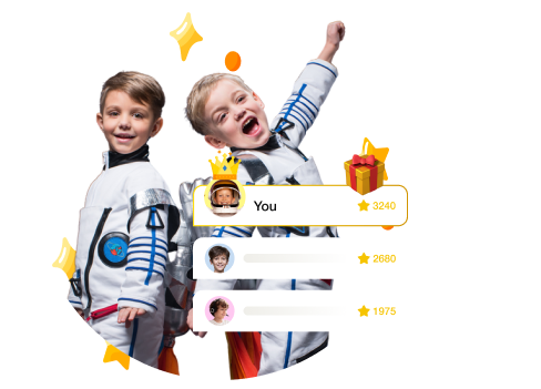 Students in astronaut costumes with leaderboard
