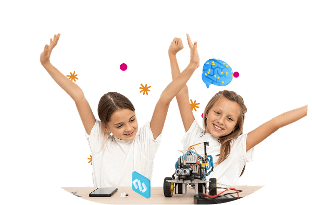 Girls building robotics project